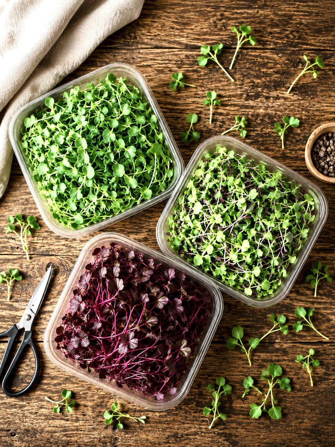 Farmer's Choice Trio microgreen subscription featuring fresh broccoli, salad mix, and bulls blood beet microgreens from Noble Planter